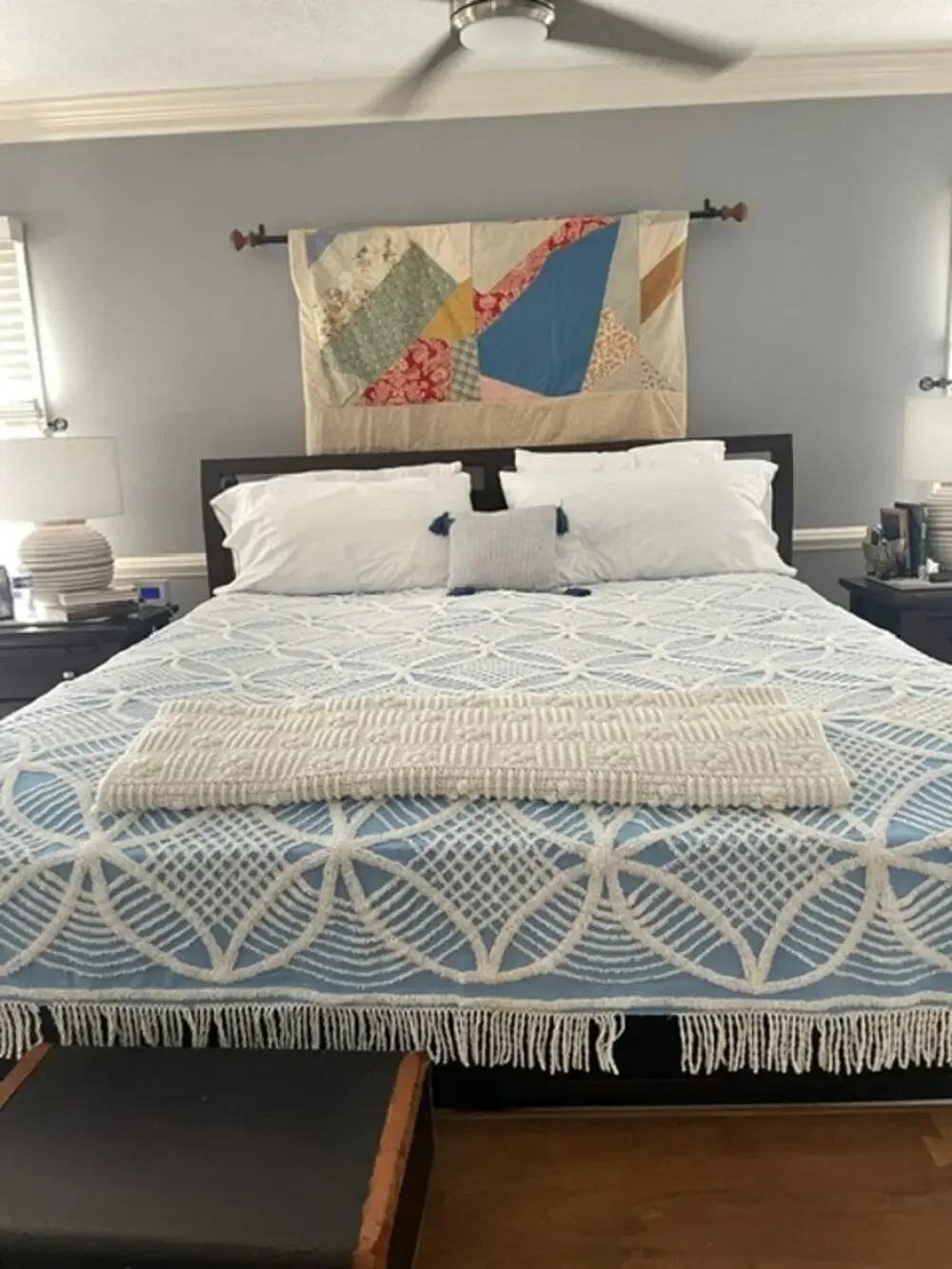 Vintage Blue White Chenille Bedspread 90x96 Full Queen Cottagecore Shabby Chic